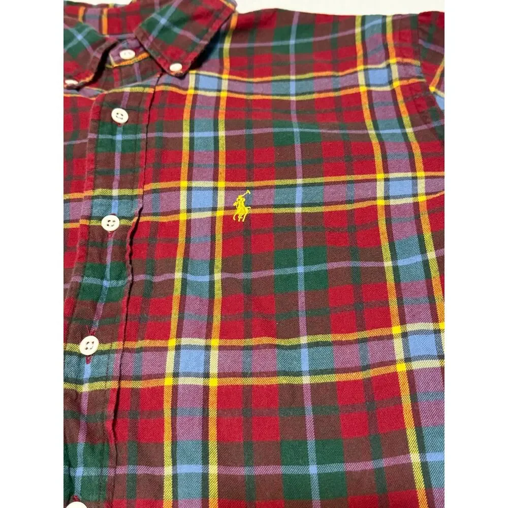 Ralph Lauren Classic Fit Plaid Flannel Button Down Shirt‎ Pony Logo Maroon Multi